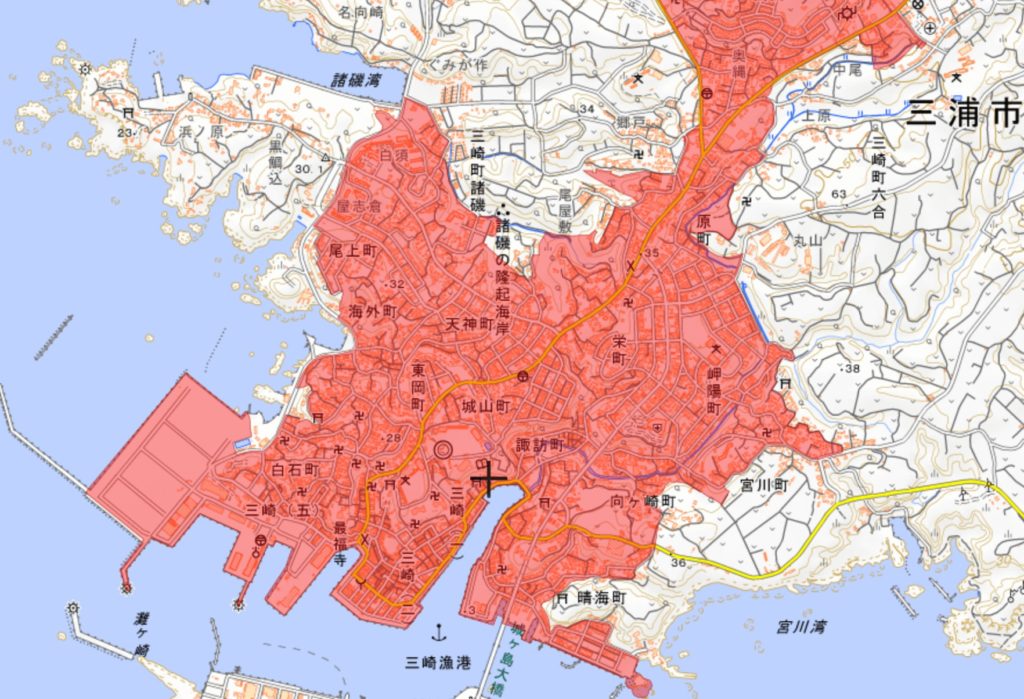 人口集中地区（DID地区）の表示色　地理院地図より