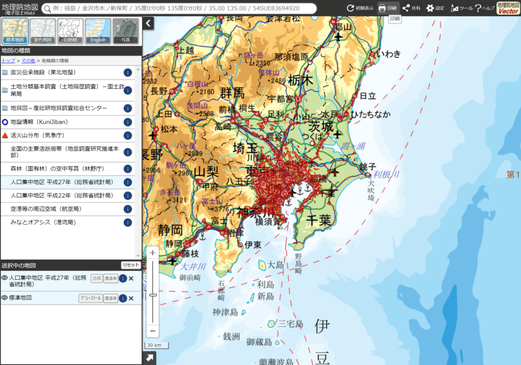 人口集中地区（DID地区）リンク先のウインドウ　地理院地図より